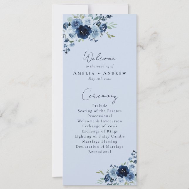 Programa de Casamento Floral Azul Poente Rosa Azul (Frente)