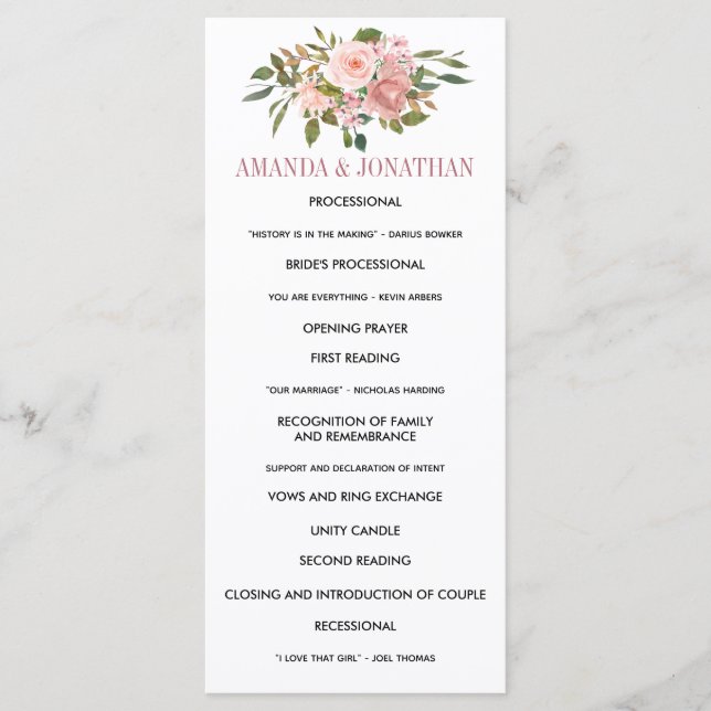 Programa de Casamento Floral Blush e Dourado Rose  (Frente)
