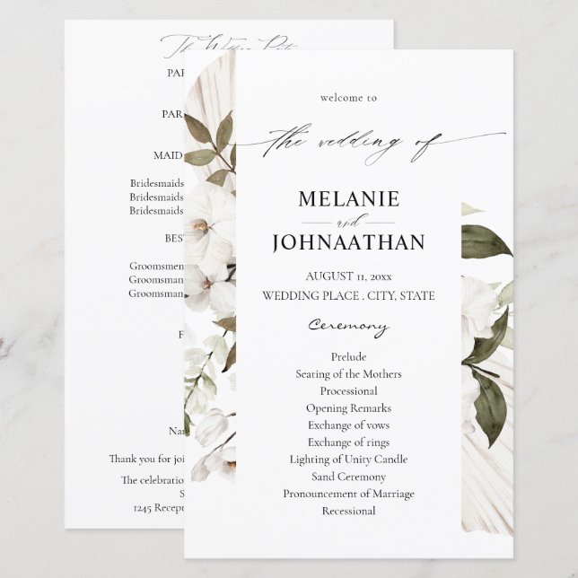 Programa de Casamento Floral Boho Branco Orçamento (Frente/Verso)