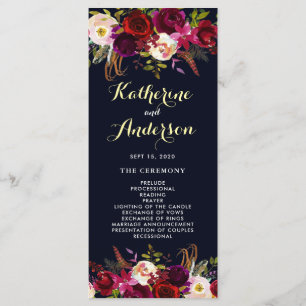 Programa de Casamento Floral Boho Burgundy Navy Ma