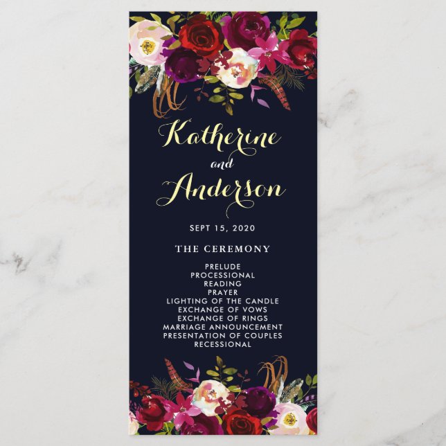 Programa de Casamento Floral Boho Burgundy Navy Ma (Frente)