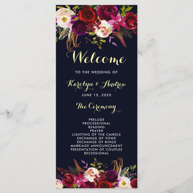 Programa de Casamento Floral Boho Burgundy Navy Ma (Frente)
