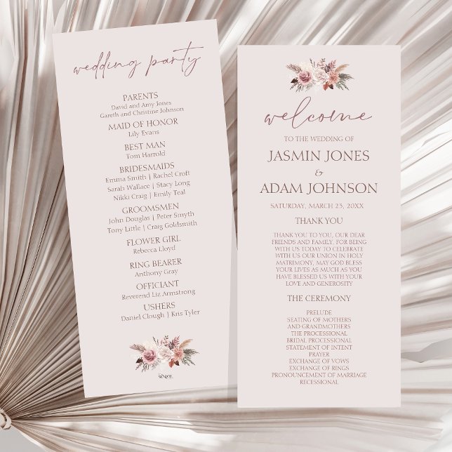 Programa de Casamento Floral Boho de Blush Beige P (Boho Dusty Pink Dried Flowers Wedding Program)