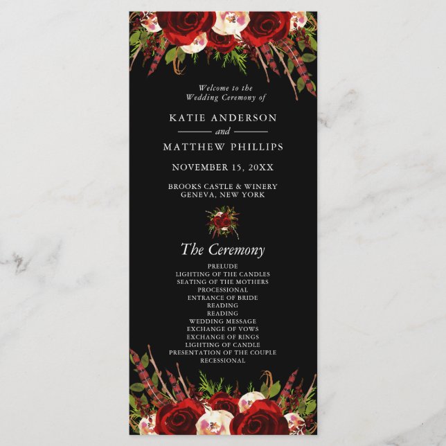 Programa de Casamento Floral Boho Preto Borgonha (Frente)