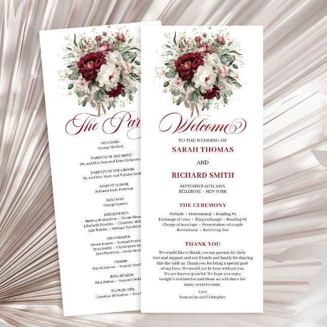 Programa de Casamento Floral Borgonha Bege Luxo (Luxury Blush Burgundy Floral Wedding Program)