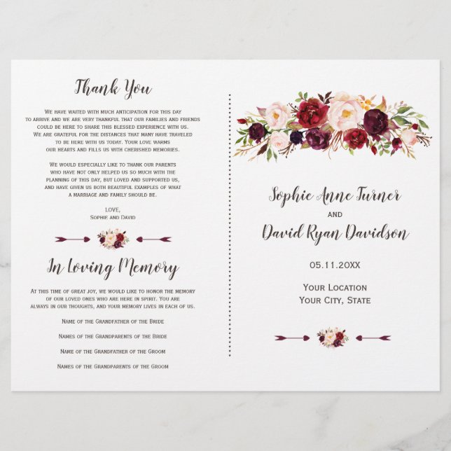 Programa de Casamento Floral Borgonha Marsala Blus (Frente)