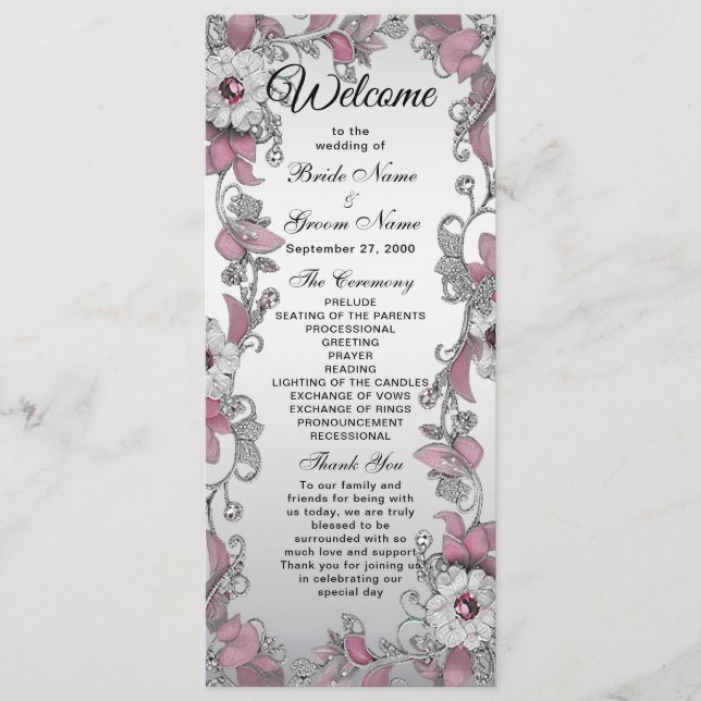 Programa de Casamento Floral Branca de Prata Rosa (Frente)