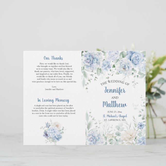 Programa de Casamento Floral Branco e Azul Pálido (Em pé/Frente)