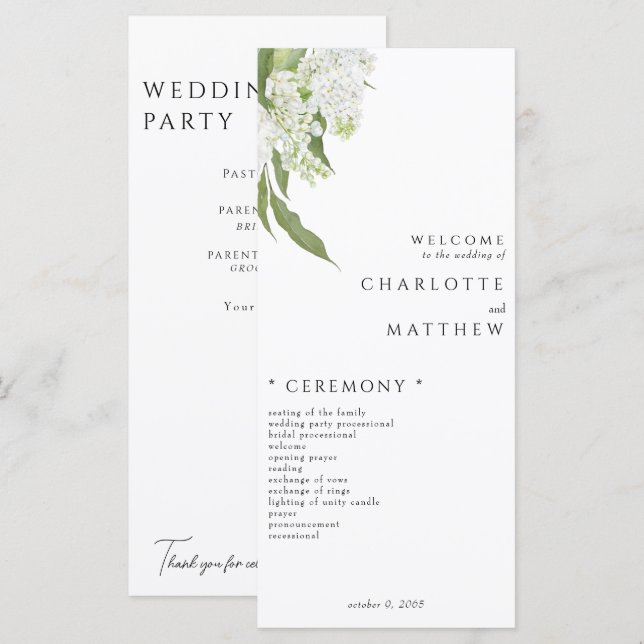 Programa de Casamento Floral Branco Elegante (Frente/Verso)