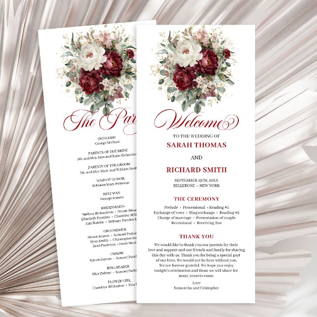 Programa de Casamento Floral Burgundy Blush Atempo (Timeless Blush Burgundy Floral Wedding Program)