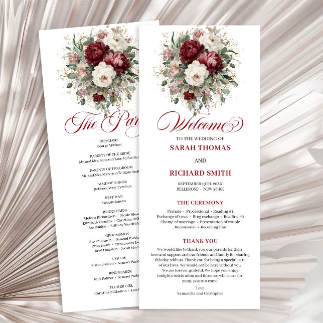 Programa de Casamento Floral Burgundy com Toque de (Graceful Blush Burgundy Floral Wedding Program)