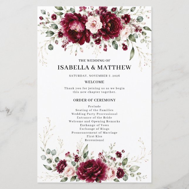 Programa de Casamento Floral Burgundy Elegante (Frente)