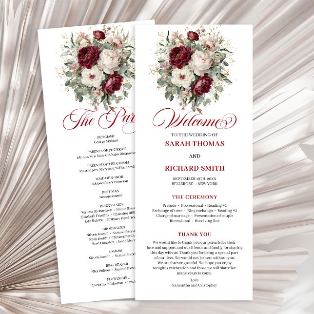 Programa de Casamento Floral Burgundy Romântico (Romantic Blush Burgundy Floral Wedding Program)