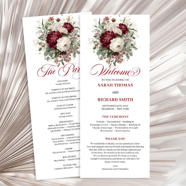 Programa de Casamento Floral Burgundy Rosa Delicad (Delicate Blush Burgundy Floral Wedding Program)