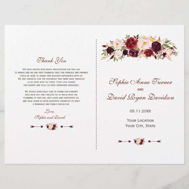 Programa de Casamento Floral Chic Burgundy Red Mar (Frente)