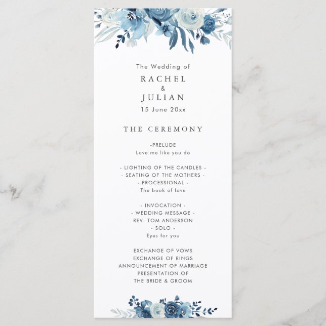 programa de casamento floral com aquarela azul (Frente)