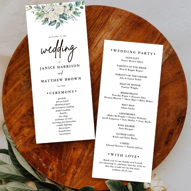 Programa de Casamento Floral com Folhagem e Rosa B (White rose greenery wedding program adds timeless elegance while guiding your ceremony flow.)