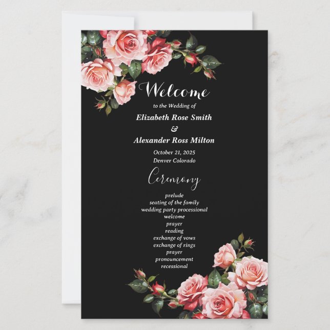 Programa de casamento floral com rosas vermelhas c (Frente)