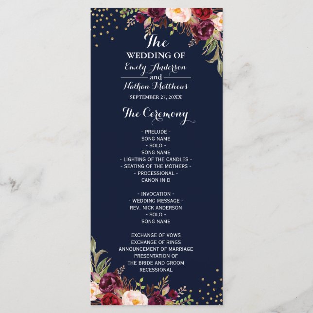 Programa de Casamento Floral Confete Azul Burgundy (Frente)