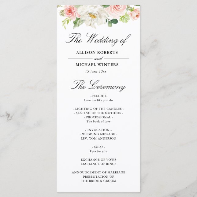 programa de casamento floral cor-de-água rosa-clar (Frente)