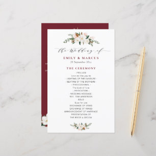 programa de casamento floral da burgundy magnolia
