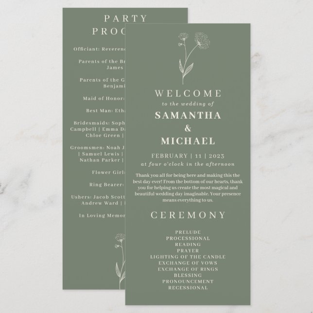 Programa de Casamento Floral de Algodão Flor de Co (Frente/Verso)