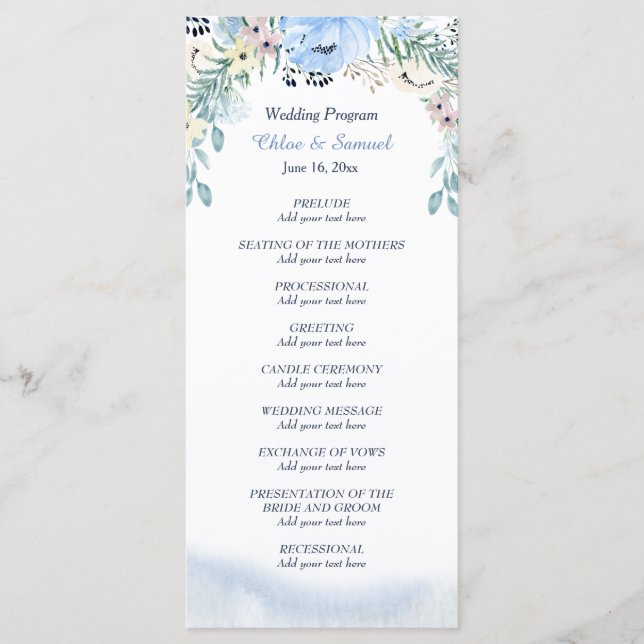 Programa de Casamento Floral de Azul-Aquarela (Frente)
