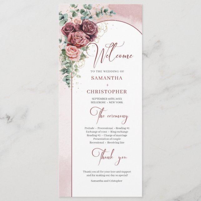 Programa de casamento floral de burgundy com blush (Frente)