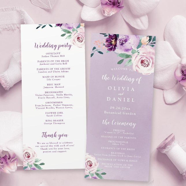Programa de casamento floral de cor roxa-de-fundo (Blooming botanical purple floral wedding program)