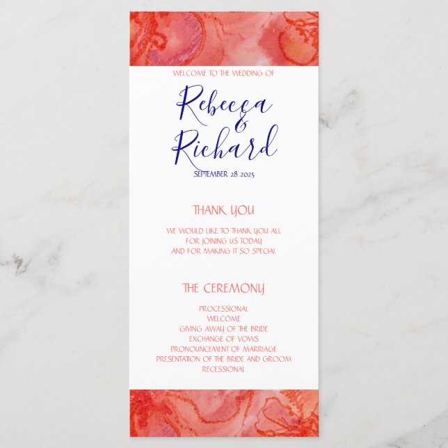 Programa de Casamento Floral de Coral Marinho Azul (Frente)