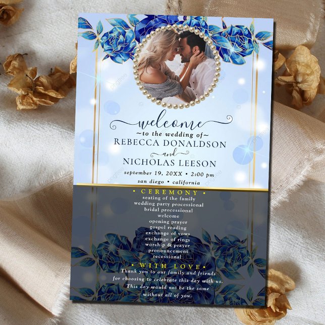 Programa de Casamento Floral de Fotos Elegante Blu (Criador carregado)
