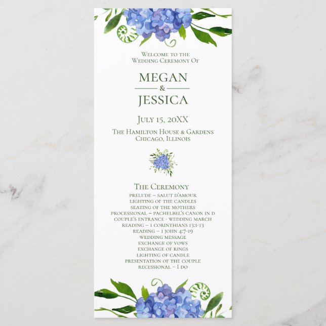 Programa de Casamento Floral de Hydrangeas Azuis L (Frente)