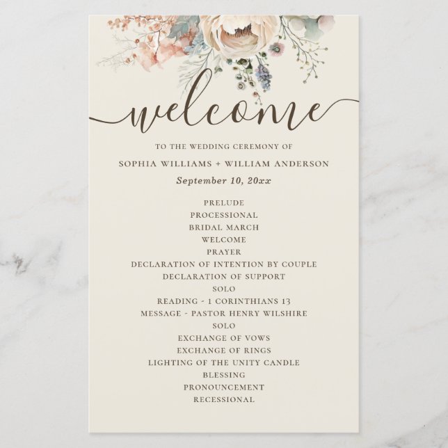 Programa de casamento floral de jardim em aquarela (Frente)