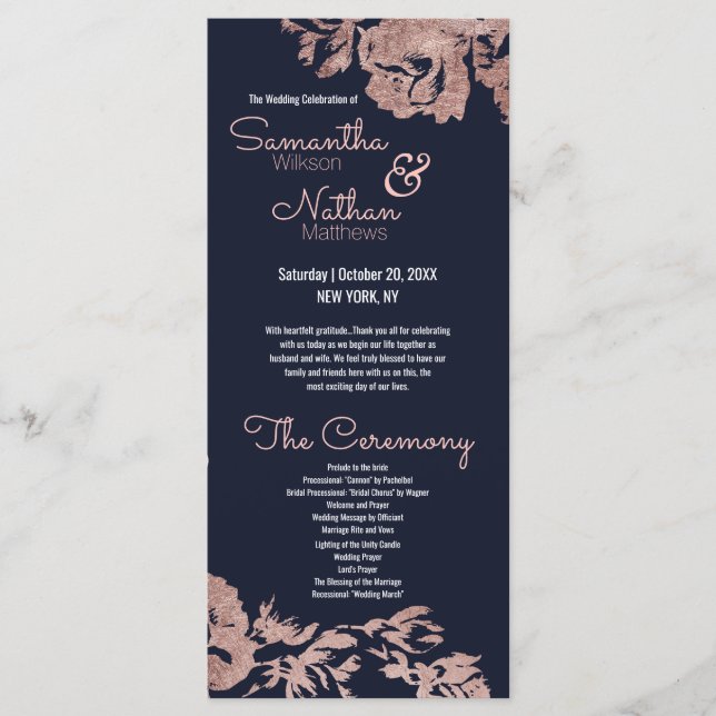 Programa de Casamento Floral de marinho Azul e Ros (Frente)