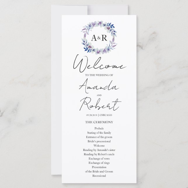 Programa de Casamento Floral de Monograma por Aqua (Frente)