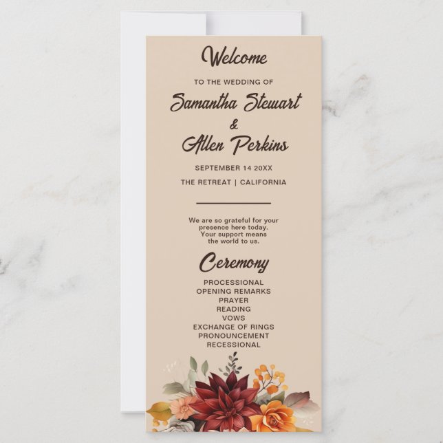 Programa de Casamento Floral de Outono em Terracot (Frente)