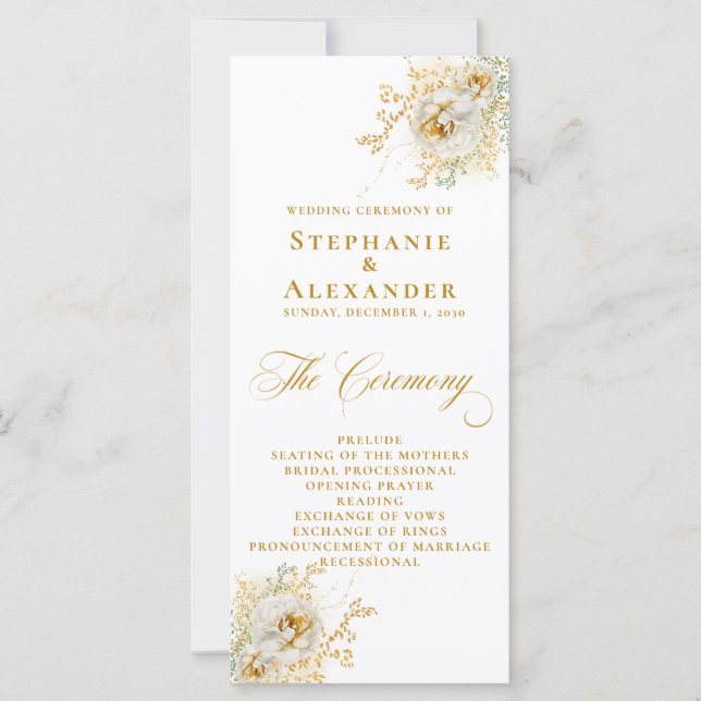 Programa de Casamento Floral de Script Dourado Ele (Frente)