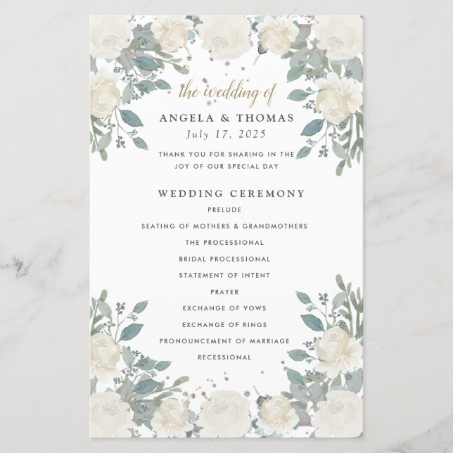 Programa de Casamento Floral Dourado de Rosas Bran (Frente)