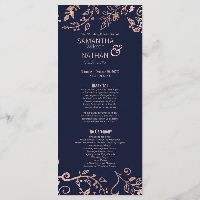 Programa de Casamento Floral Dourado do Rosa Azul  (Frente)