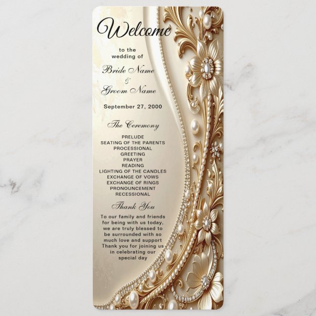 Programa de Casamento Floral Dourado Elegante (Frente)