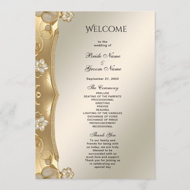 Programa de Casamento Floral Dourado Ornamentado (Frente)