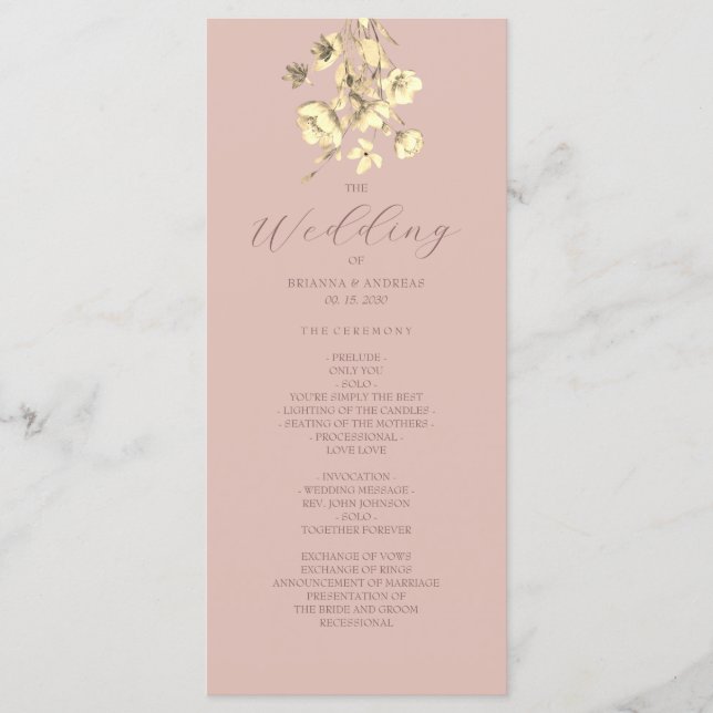 Programa de Casamento Floral Dourado Rosa (Frente)