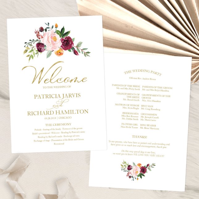 Programa de Casamento Floral Dourado Rosa Burgundy (Criador carregado)