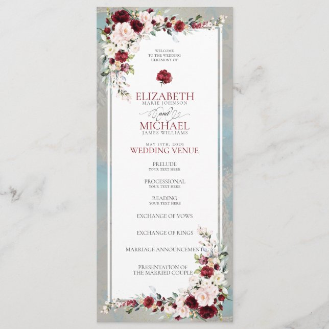 Programa de Casamento Floral Dusty Blue Burgundy (Frente)