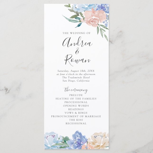 Programa de Casamento Floral Dusty Blue e Pink (Frente)