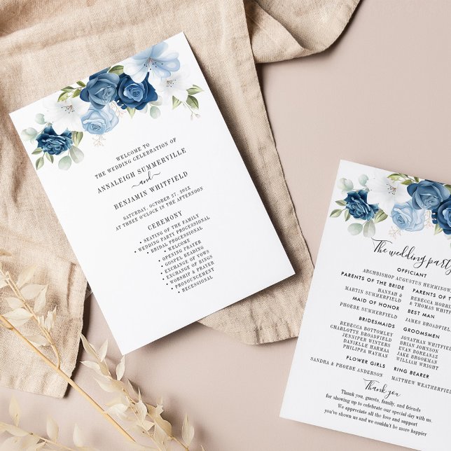 Programa de Casamento Floral Dusty Blue Eucalipto (Dusty Blue Floral Script Wedding Program)