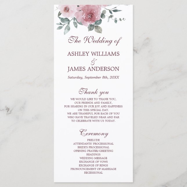 Programa de Casamento Floral Dusty Pink Burgundy (Frente)