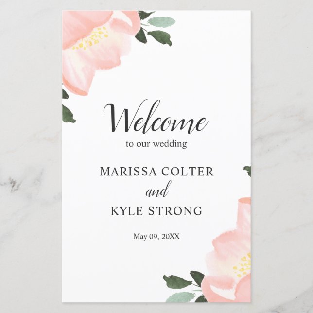 Programa de Casamento Floral Elegante em Aquarela  (Frente)