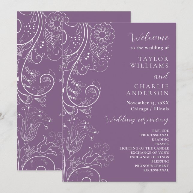 Programa de Casamento Floral Elegante Roxo Empoeir (Frente/Verso)