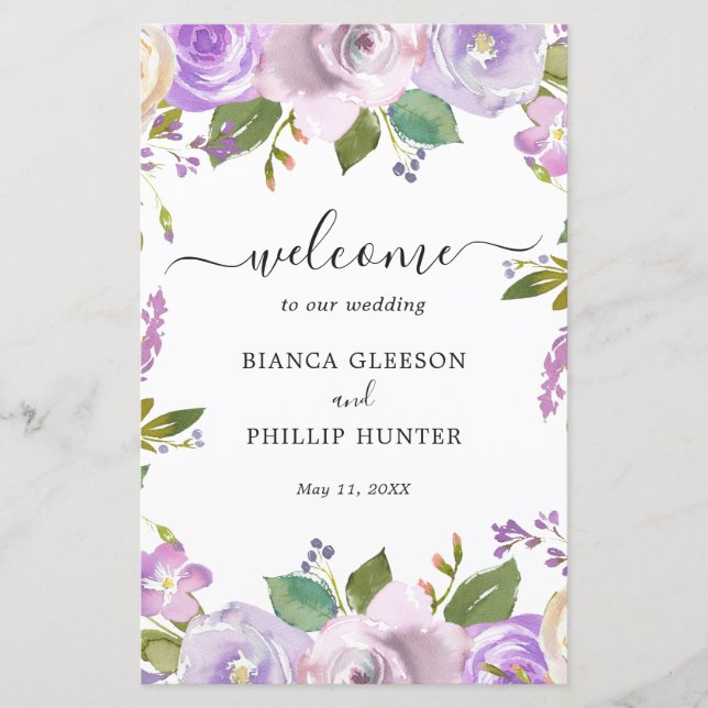Programa de Casamento Floral em Aquarela Lilás Ele (Frente)